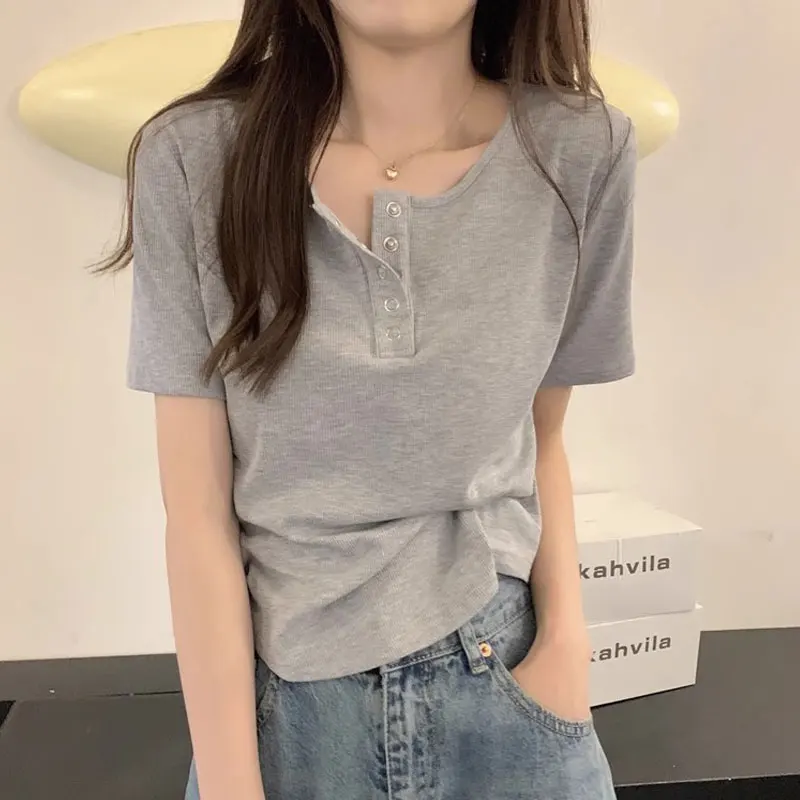 

Slim Fit Pure Cotton Short Sleeve T-Shirt Women's Summer New Style Design Sense Shoulder Korean Style Commute Style