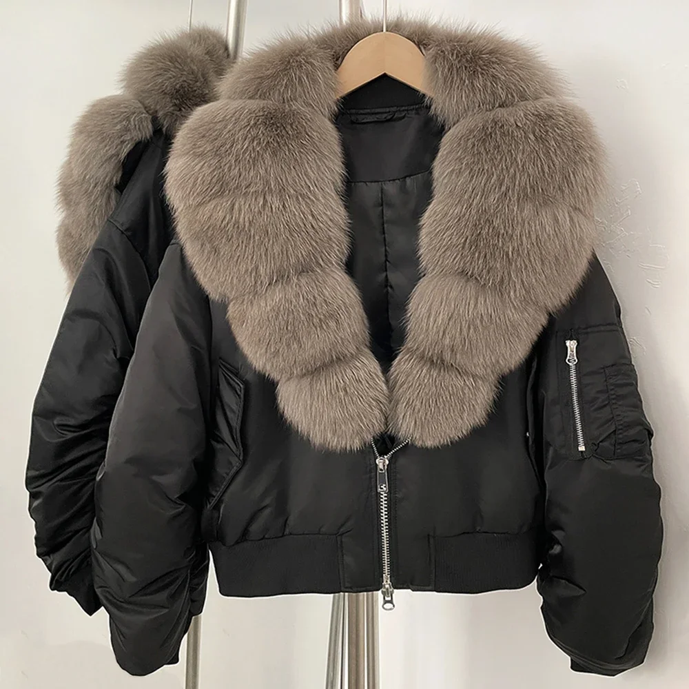 Frauen Weiße Ente Unten Jacke Echtpelz Realität Pelzmantel Weiblichen Kurzen Parkas Neue Herbst Winter Große Natürliche Fuchs Pelz mantel Feder