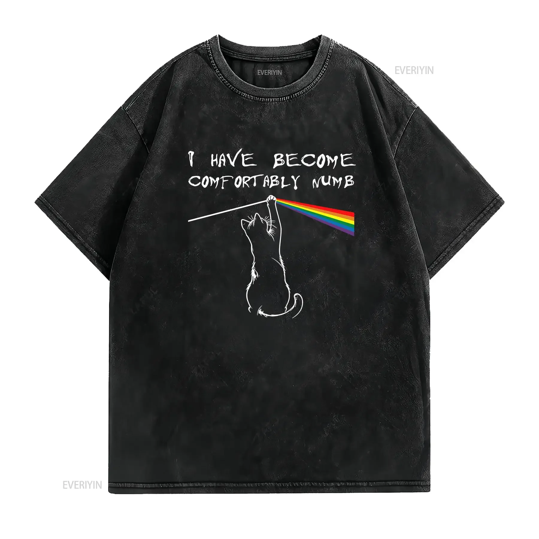 Inspired Comfortably Numb T Shirt Black Band with Iconic Rainbow Logo Cat Breathable Crew Neck Regular Fit Machine Washable
