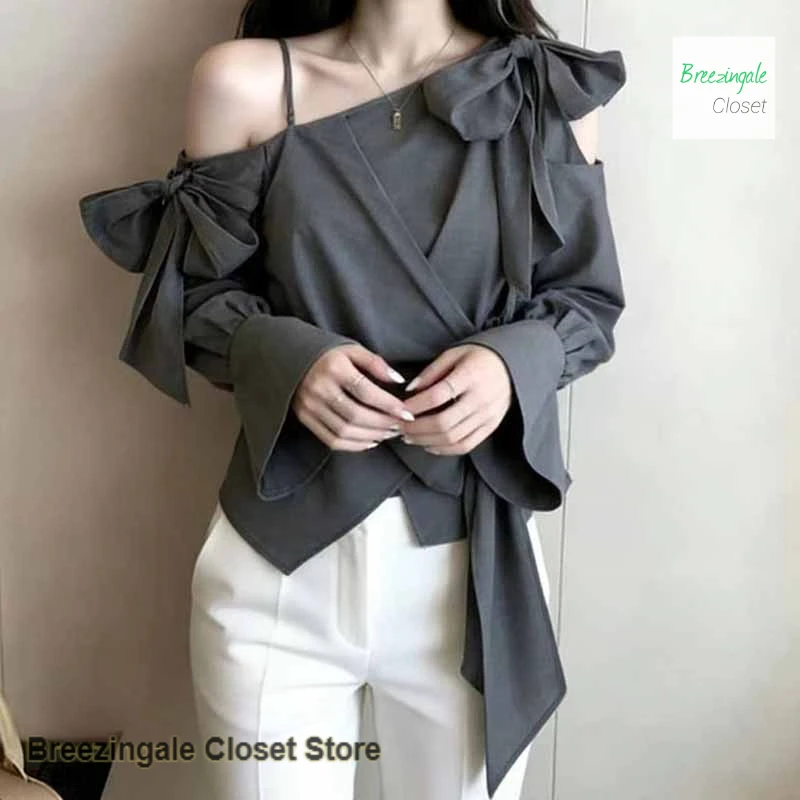 Korean advanced feeling hanging neck lace-up diagonal shoulder shirt women's spring new chic fashion bow irregular casual shirt
