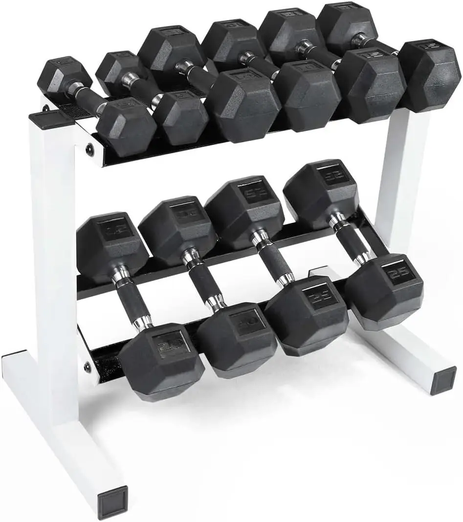 

WF Athletic Supply 5-25Lb Rubber Coated Hex Dumbbell Set with Two Tier Storage Rack Non-Slip Hex Shape for Muscle Toning,