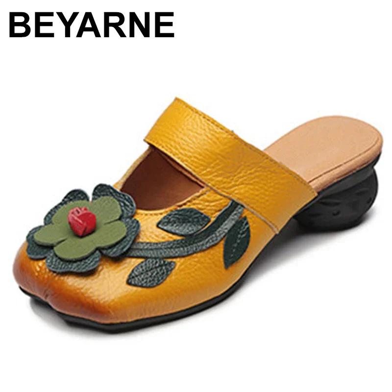 BEYARNE Flower Slippers Genuine Leather Shoes Handmade Slides Flip Flop On The Platform Clogs For Women Woman SlippersPlus Size