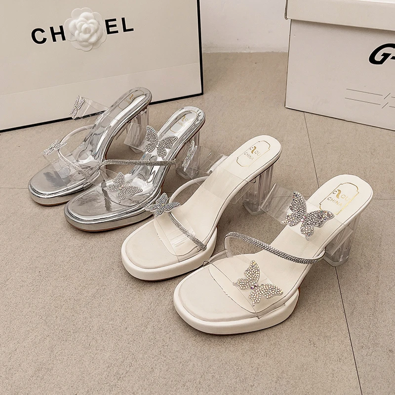 

Luxury Designer Butterfly Crystal High Heels Summer Transparent PVC Slippers Women's Large-size Waterproof Platform Slippers