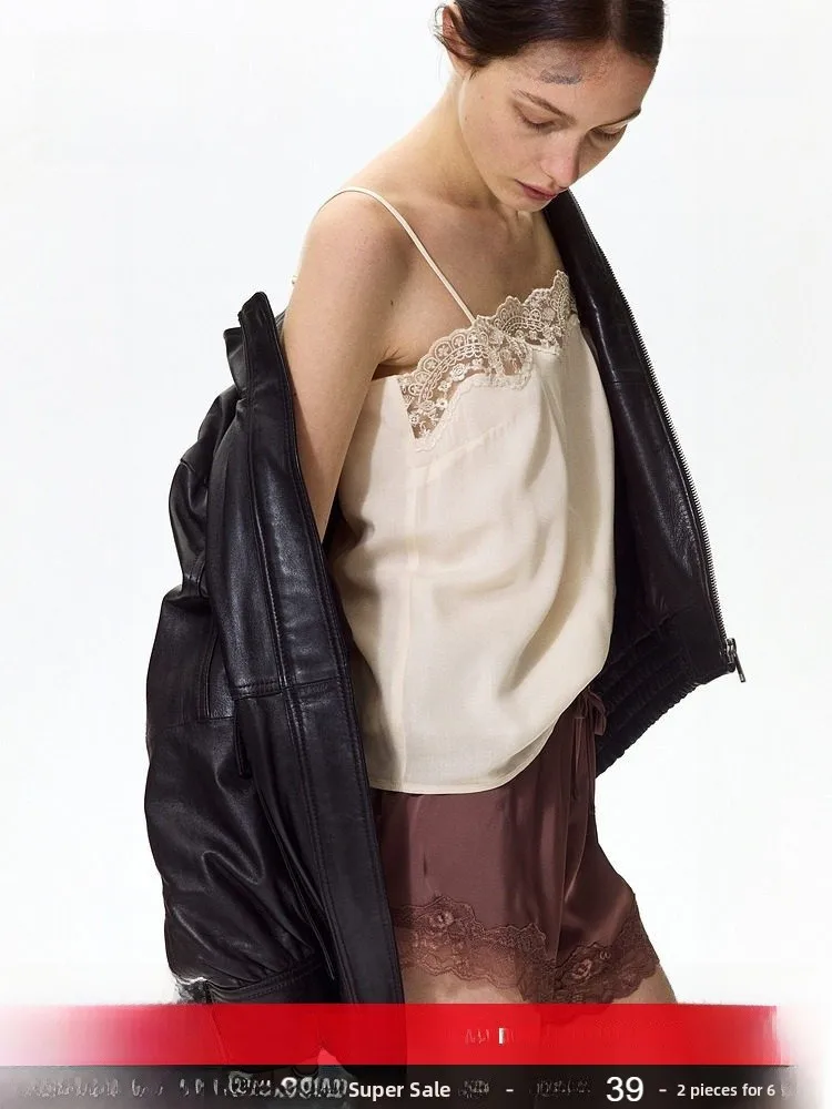 

H&M Summer New Women's Lace Trim Halter Top 1328274 Inner Wear Outer Wear Square Collar Regular Length Viscose Fiber