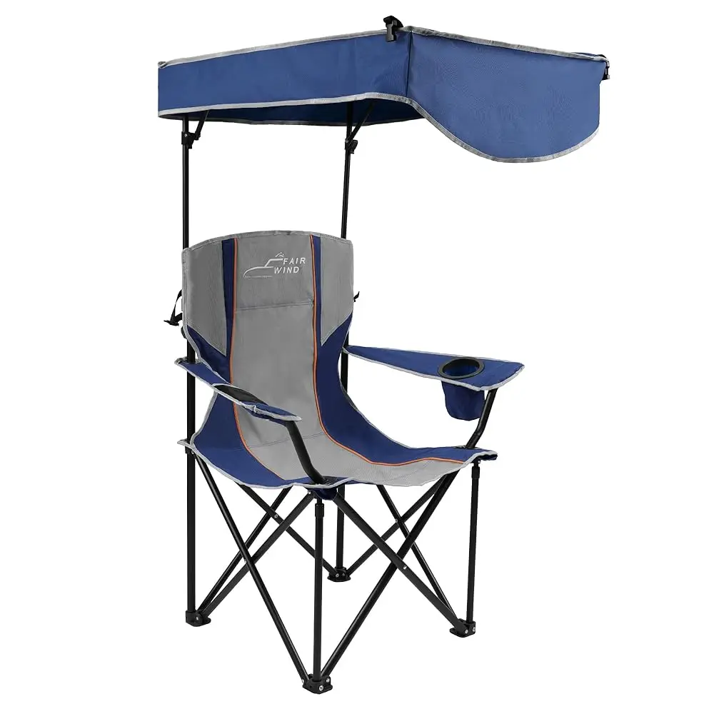 

Oversized Camping Lounge Chair With Adjustable Shade Canopy, Heavy Duty Quad Fold Chair Arm Chair - Support 350 Lbs(Blue Grey)