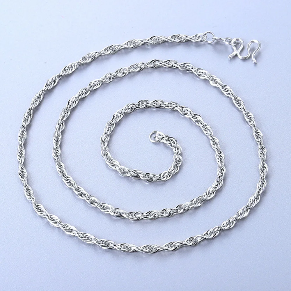 Pure 999 Pure Silver Necklace For Women Men 3mm Twist Rope Link Sweater Chain 45-80cm