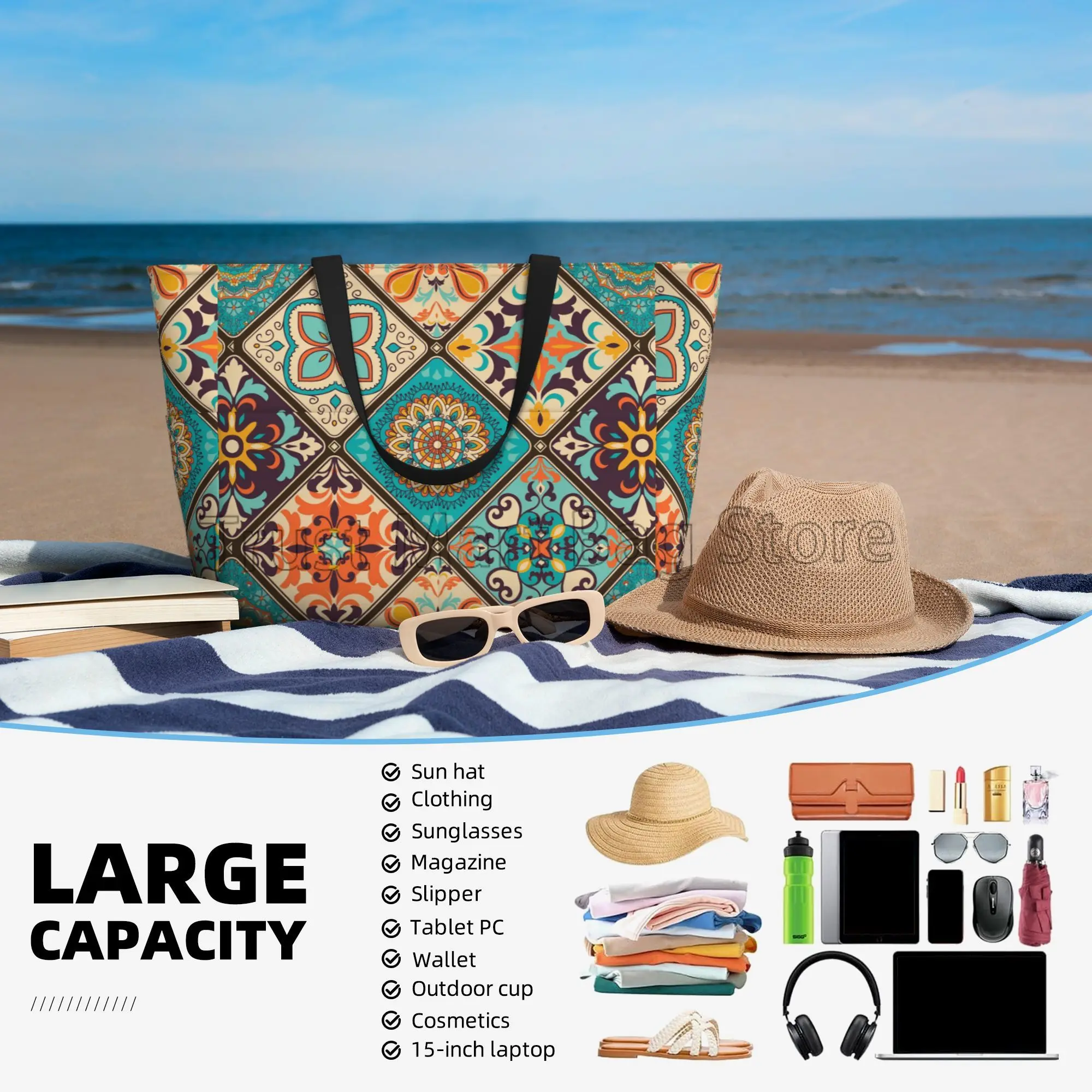 Ethnic Mandala Flowers Waterproof  Beach Tote Pool Bags for Women Ladies Extra Large Gym Tote Carry on Bag for Weekender Travel