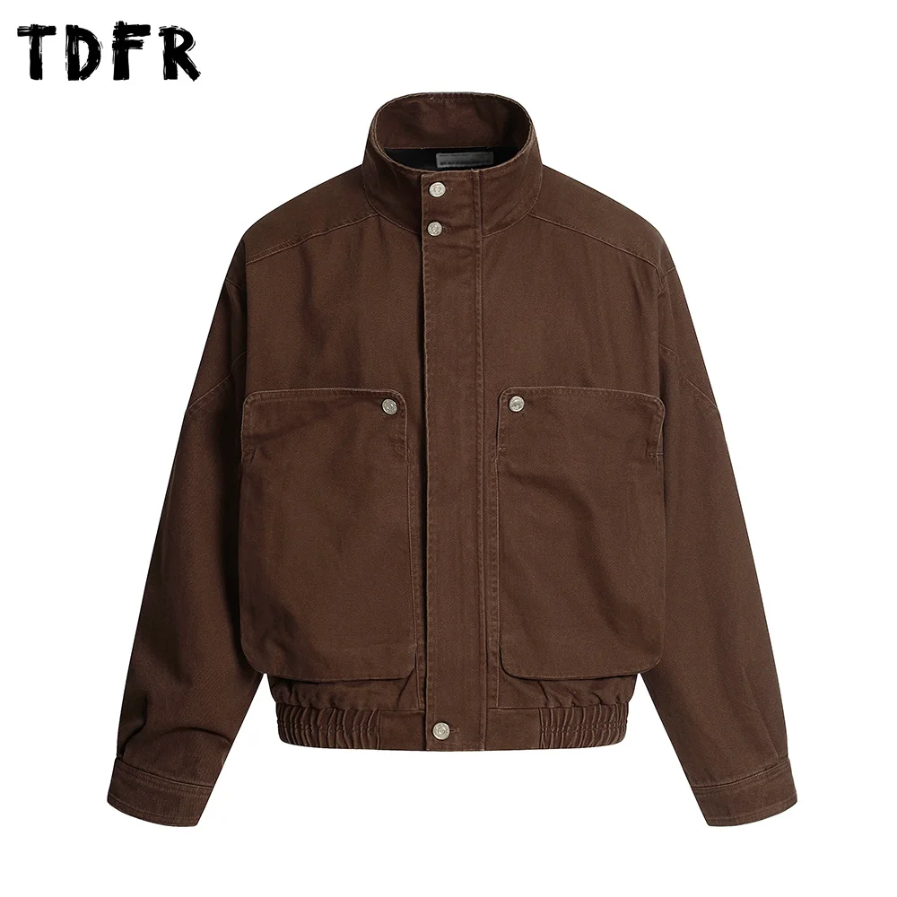 

Big Pocket Cargo Jacket Mens Solid Color Retro Stand Collar Long Sleeve Loose Casual Outerwear Man