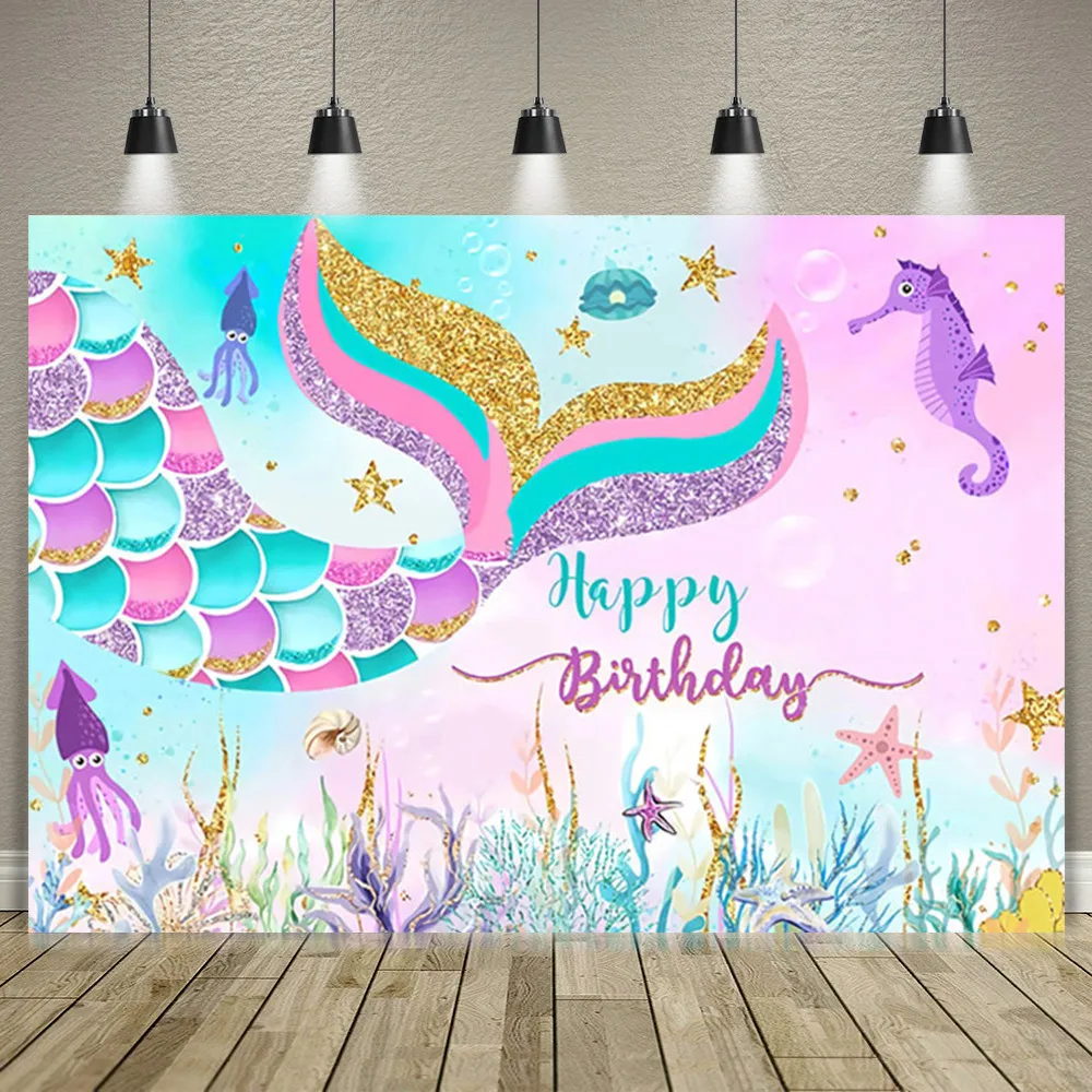 Mermaid Background Cloth Girl Birthday Party Photography Background Wedding Baby Shower Decor Backdrop Banner For Photo Studio