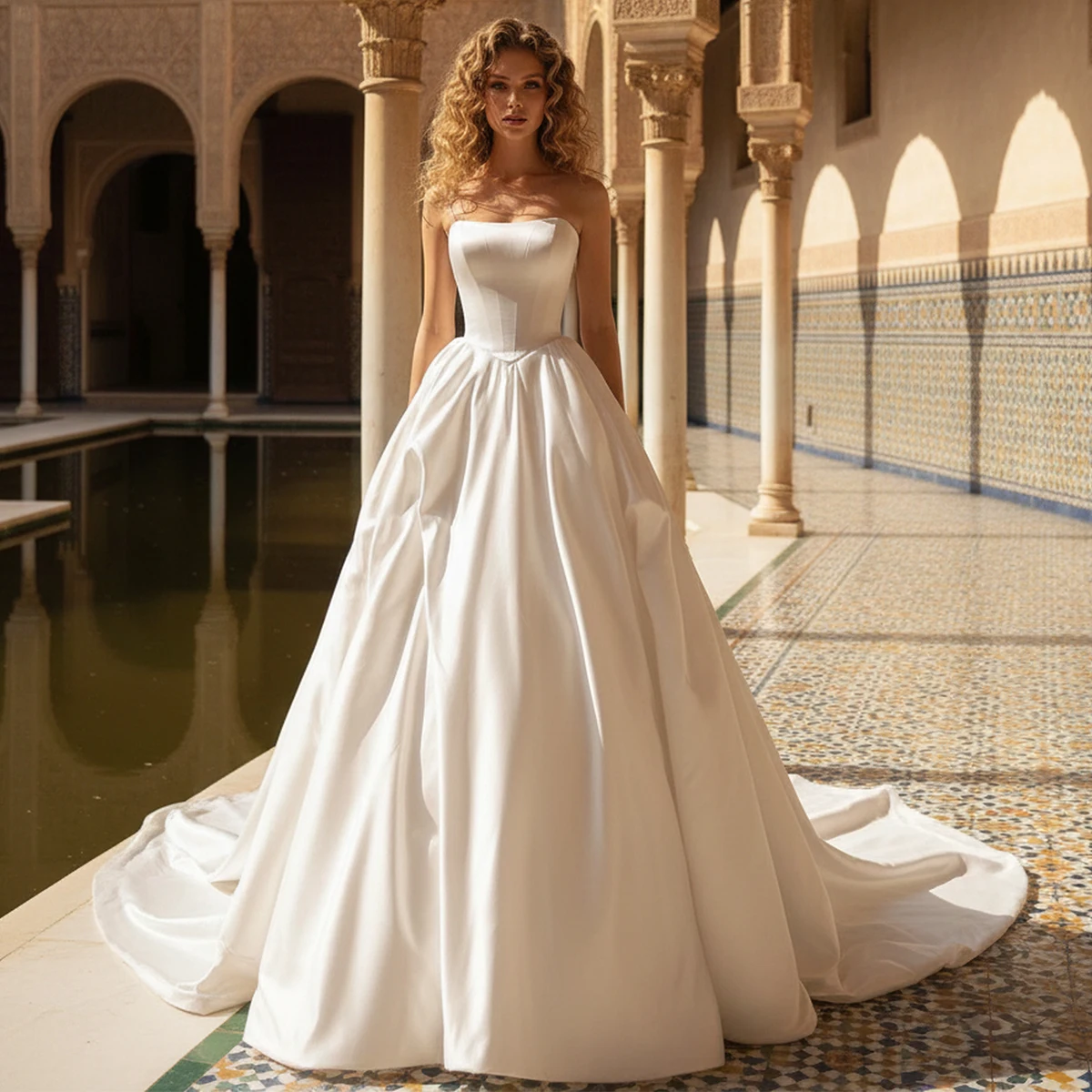

Luxury Strapless Wedding Dress With Train Vestidos Novia Puffy Satin Ball Gown For Bride A Line Bridal Party Gown