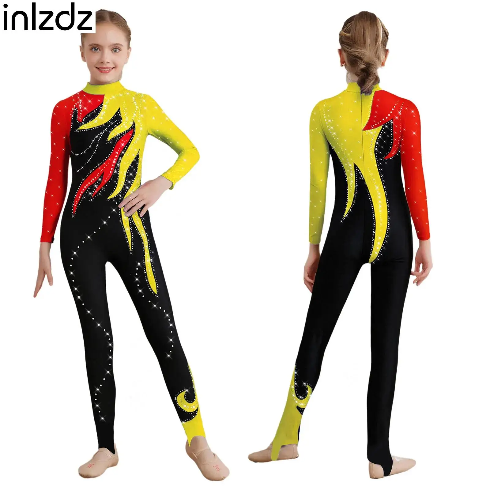 

Детский комбинезон для балета и танцев для девочек, гимнастический костюм для фигурного катания, блестящий купальник со стразами и длинными рукавами, боди