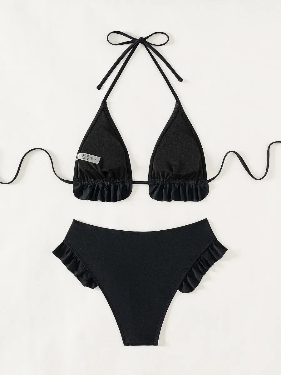 Bikini Set Solid Color Black Ruffle 2 Piece Swimsuit for Women Black V-neck Halter Backless High Waist Bathing Suit 2025 New