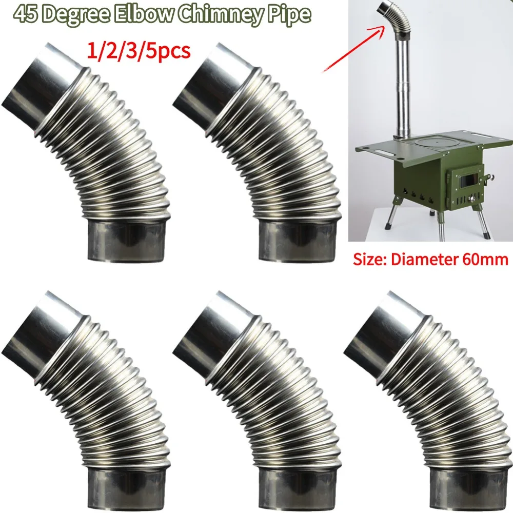 Tubo de chimenea de codo de 45 grados de acero de 60mm, tubo de estufa múltiple de acero inoxidable, revestimiento de chimenea para acampar al aire libre, tubo de escape del calentador