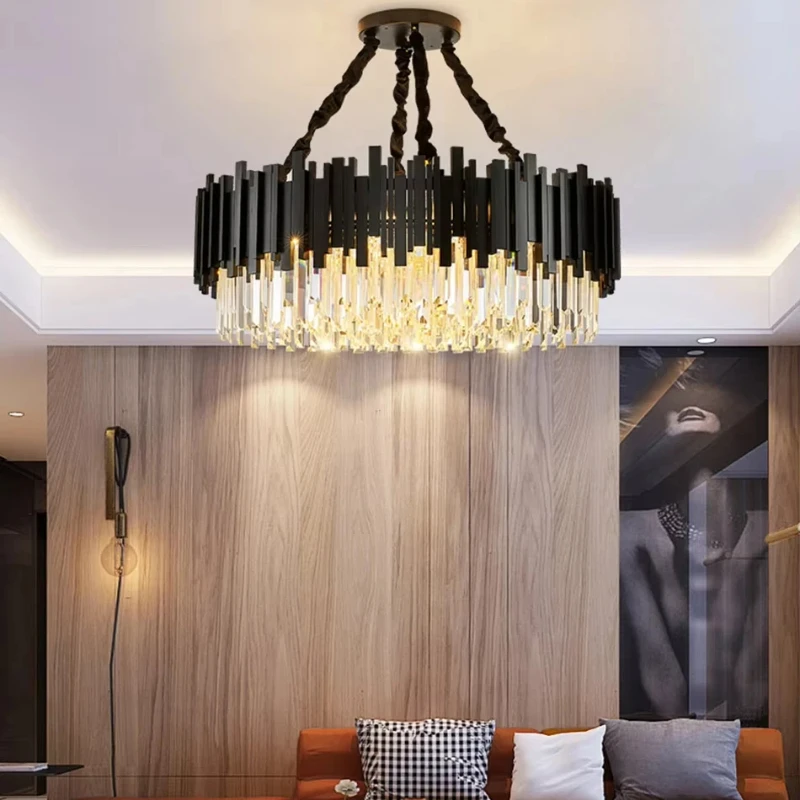 

2025 Modern Black Circular Strip-shaped Crystal Chandelier, lustre Hardware Hanging wire Ceiling Suitable for Living room