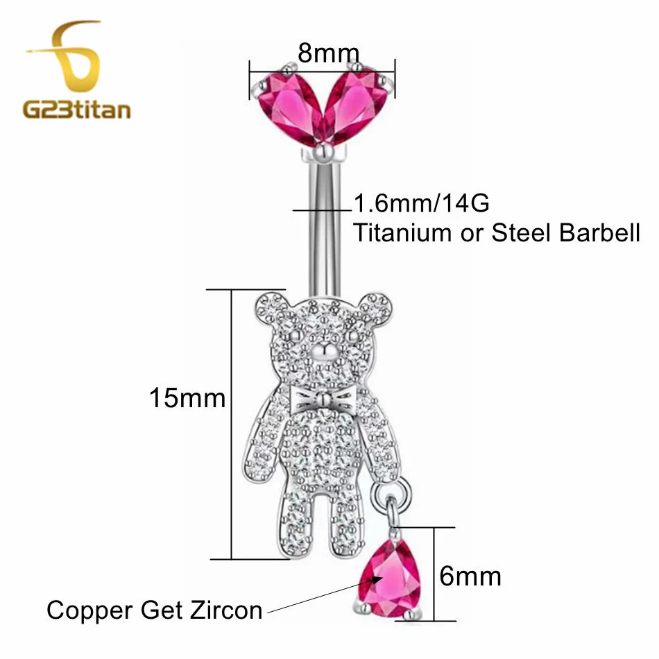Y2K Pink Heart Bear Floating Navel Ring Bling CZ Animal Belly Piercing 14G Titanium Barbell Hottie Body Jewelry Beach Accessory
