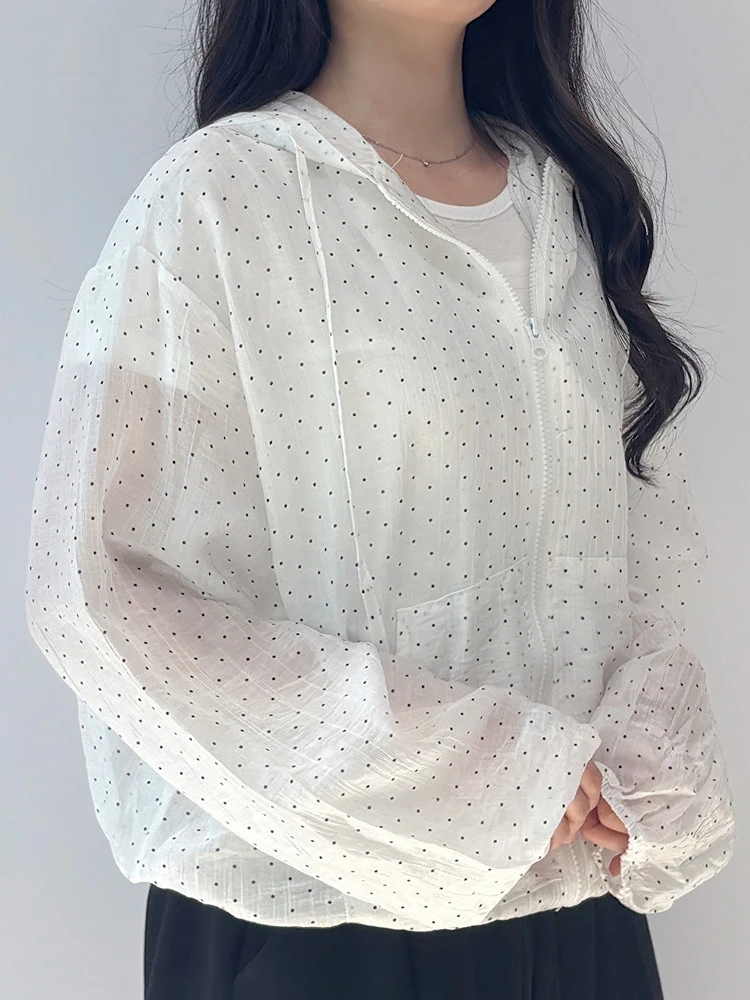 

Polka Dot Hooded Lace Sun Protection Jaet Women's Thin Chic Summer Anti-Aging Top Air Conditioner Cover up ort Coat