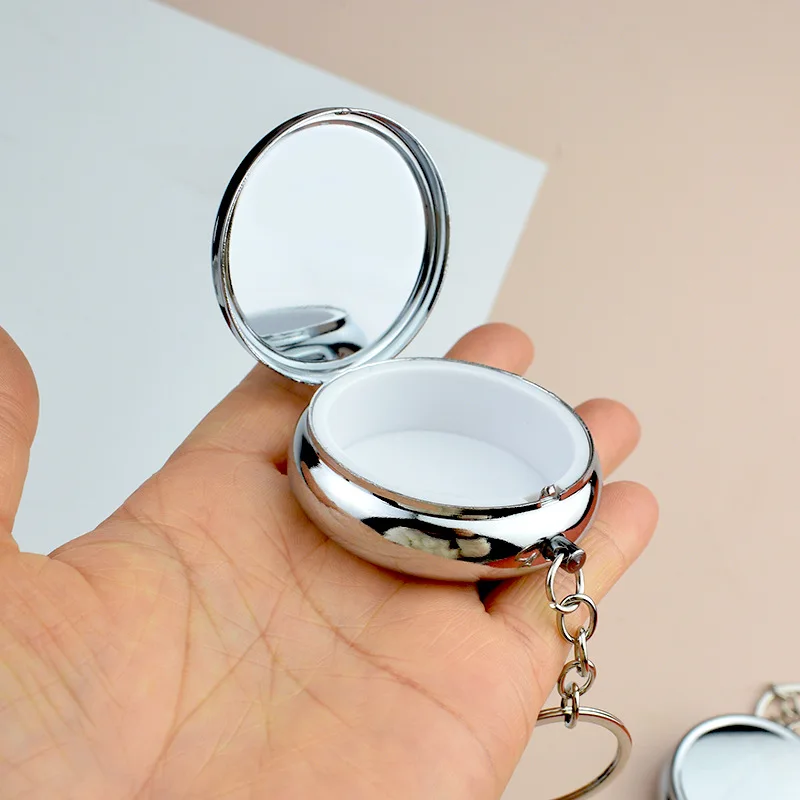 1pcs Silver Plated 42mm Pill Box With Keychain Drug Holder Medicine Tablet Capsule Box Container Storage Travel Round