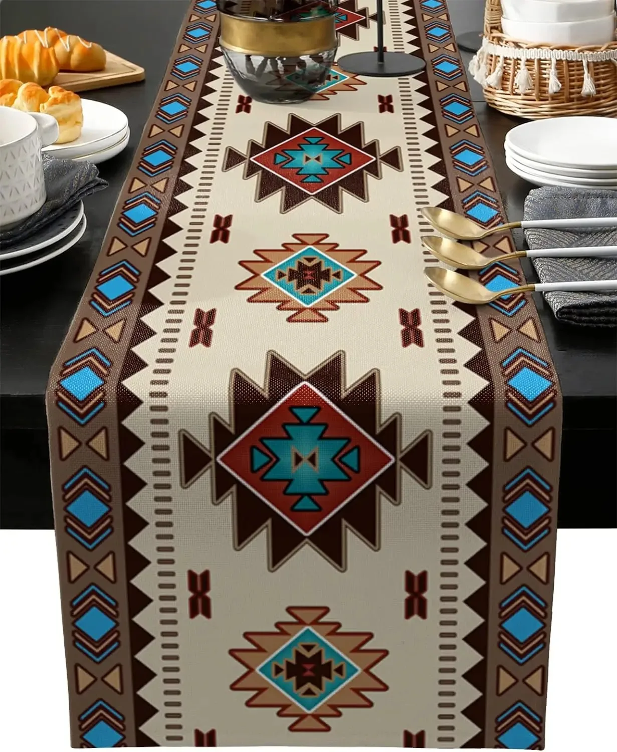 Southwestern Ethnic Geometric Table Runner Tribal Aztec Diamond Pattern Rustic Style Dining Table Decor