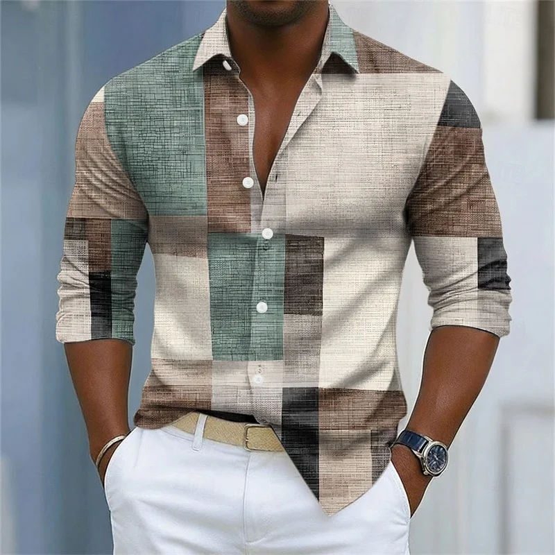

2026 New Men's Shirt with Color Block Plaid Patchwork Collar, Long Sleeve, Outdoor Casual Trendy Men's Top, Sizes XS-6XL