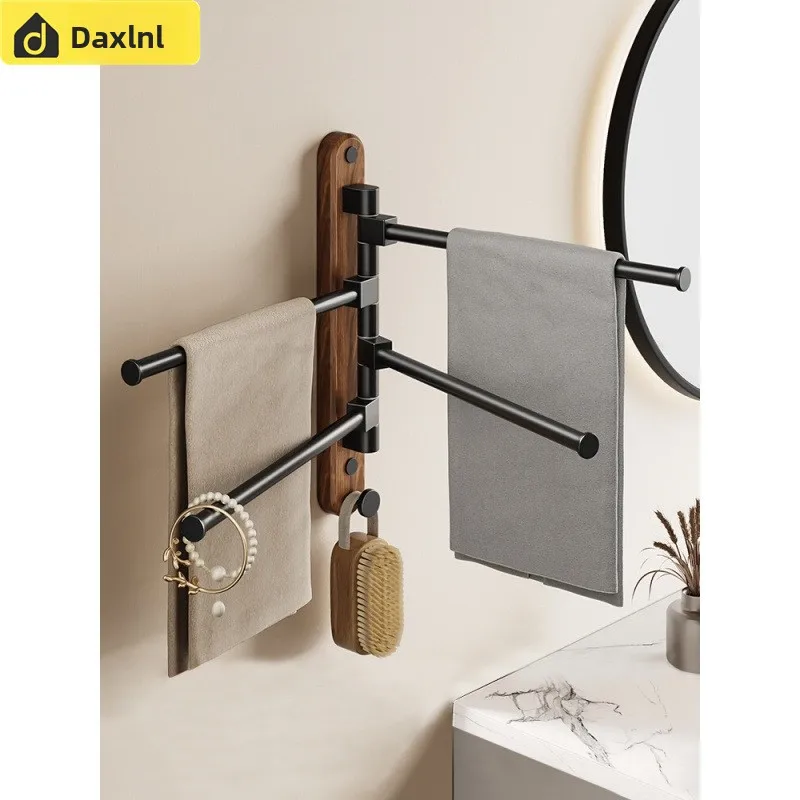 Rotating No-Drill Bathroom Towel Rack Degree Walnut Wood Aluminium Wall Mounted Multi-Bar Holder Black Finish Double To Five-Bar