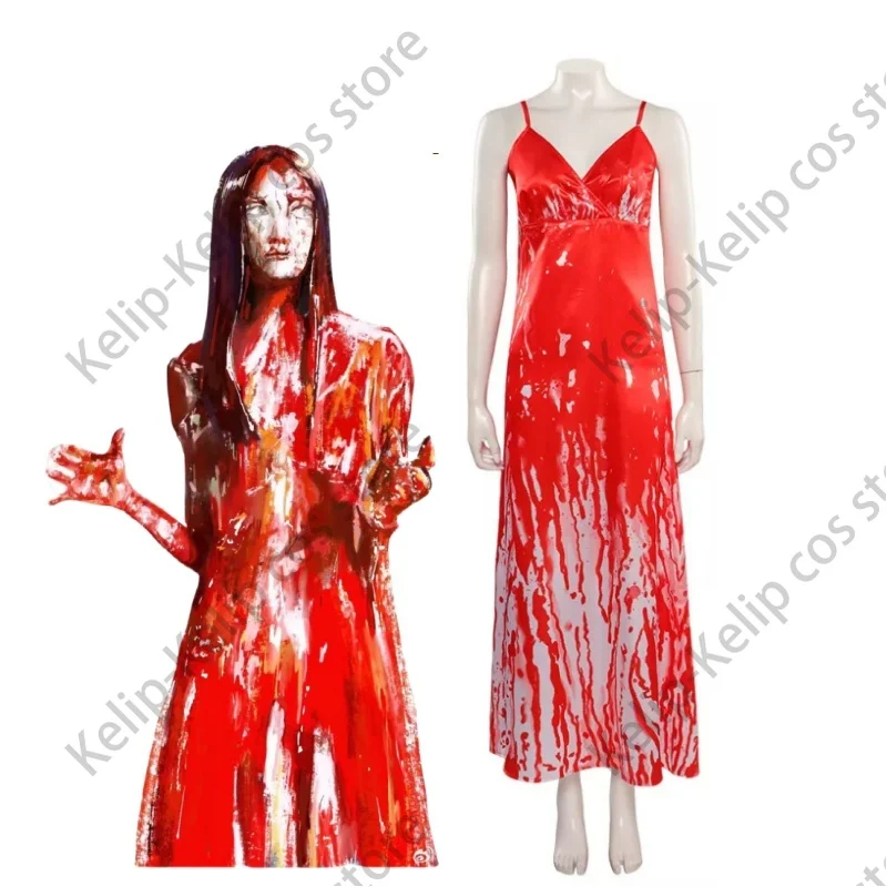 

Carrie White Cosplay Costume Horror Movie Adult Women Girl Sexy Blood Red Slip Printed Dress Halloween Carnival Disguise Outfits