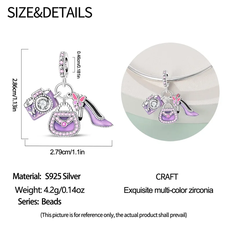 

925 sterling silver travel purple bag three piece pendant suitable for DIY women's fashion bracelet to give to family friends