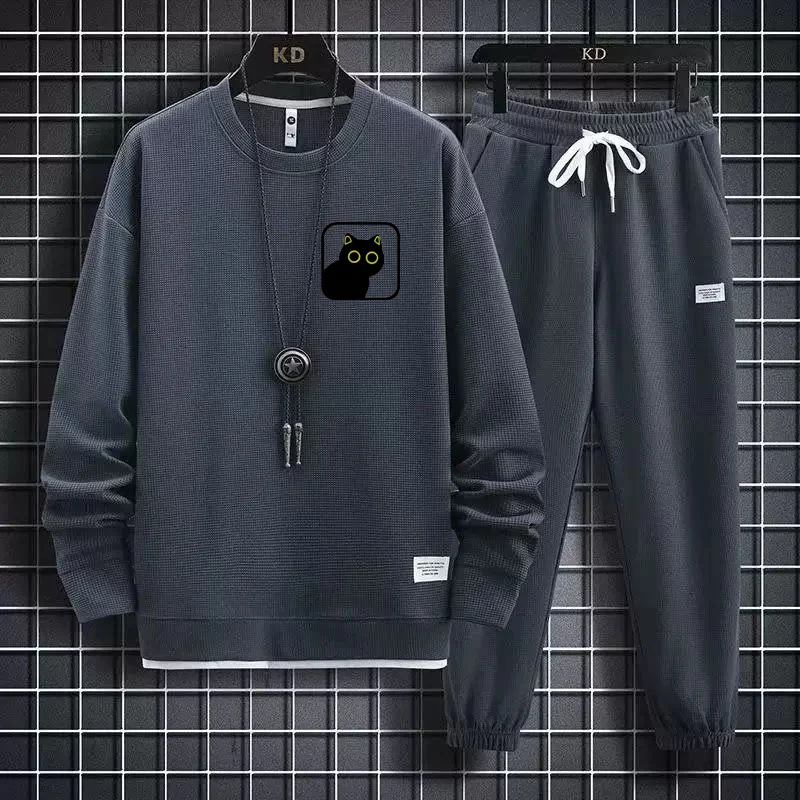 

Cool round Ne Sweatirt Set for Men Autumn Spring Two Piece Set with Pants Sli Korean Version for Teenage Students