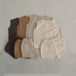 Conjunto de camiseta sin mangas y pantalones cortos para bebé, 100% algodón, chaleco sólido, pantalones cortos, conjuntos de dos piezas