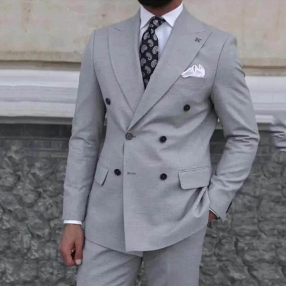

Серые костюмы для мужчин, современные комплект из двух предметов, двубортная куртка, брюки, мужская одежда с остроконечными лацканами, деловой костюм для банкета, Homme