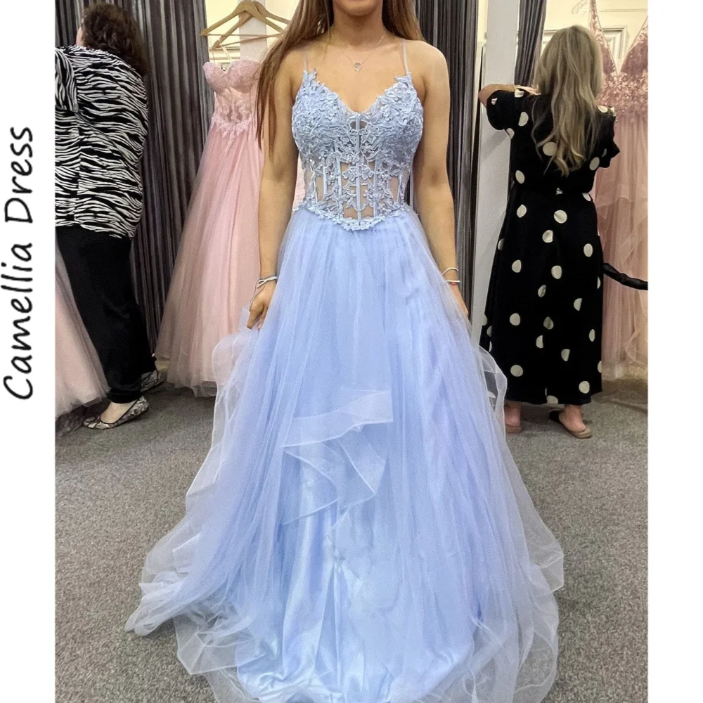 

Princess Blue Spaghetti Straps Prom Dresses Appliques Ball Gown Prom Backless Evening Dresses Tulle Robes De Soirée فستان سهرة