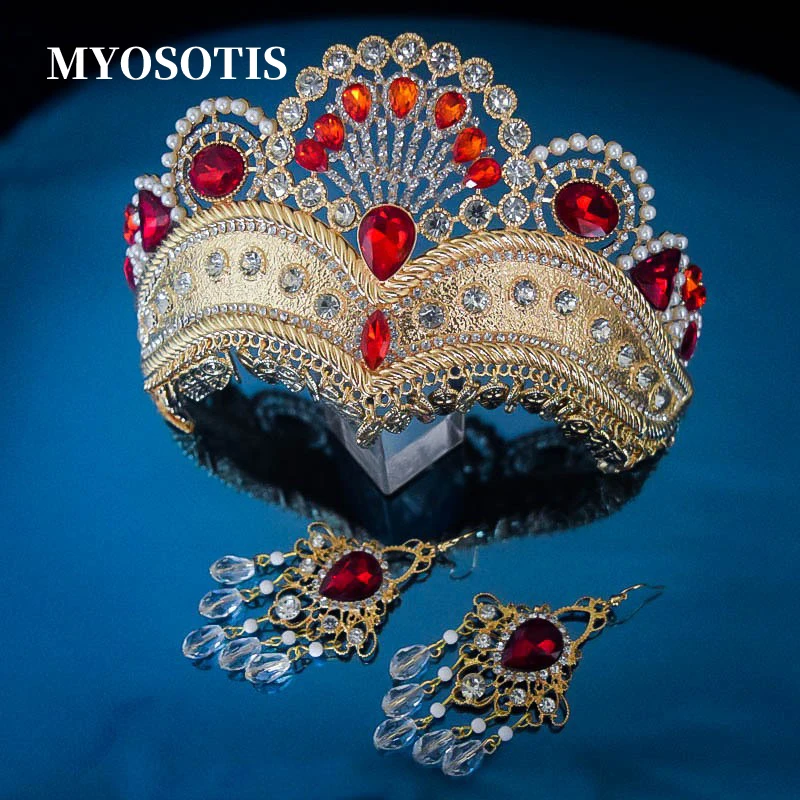 Indian Ethnic Style Blue/Red Crystal Crown Luxury Wedding Dress Rhinestone Waterdrop Tiara Hair Ornament