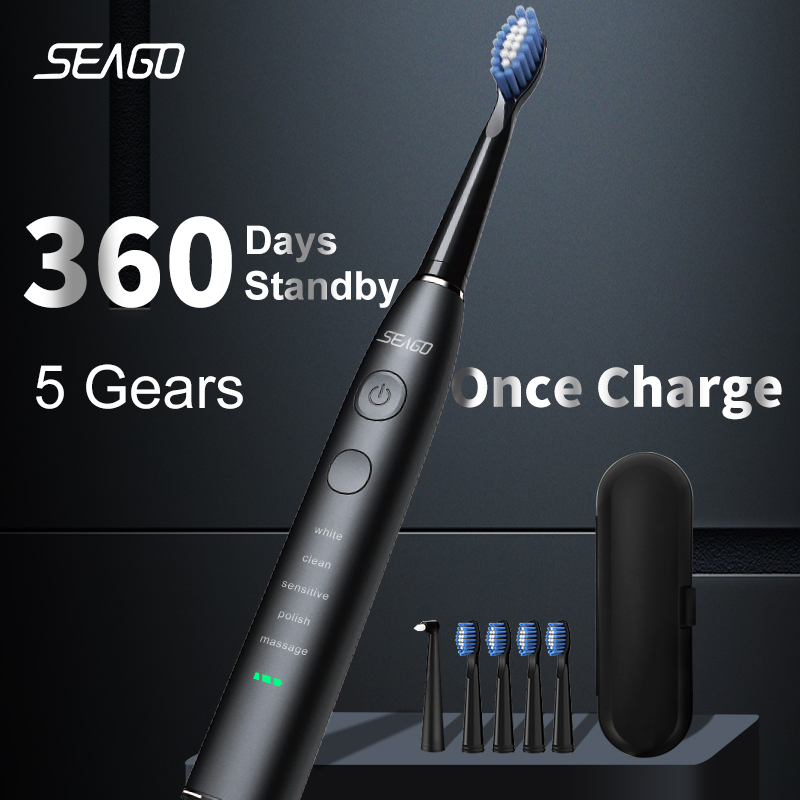  Seago Electric Toothbrush USB Rechargeable Adult 360 Days Long Battery Life IPX7 4 Replacement Heads Travel Box  SG-575 