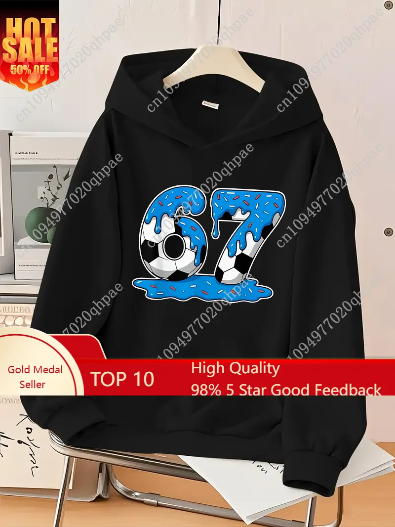 

Trend Dazzle Color Boys Soccer Style Number 67 Print Black Hooded Hoodie Personality Graffiti Loose Casual Hooded Top