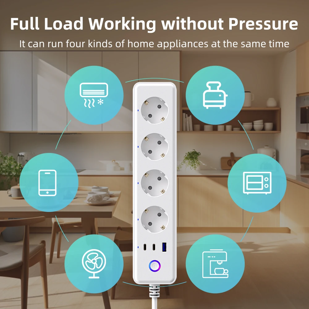 AVATTO Tuya WiFi Socket Power Strip With 4 Plug 1 USB 2 Type-C 1.5m AC Power Travel Adapter Multiprise Extension Power Strip