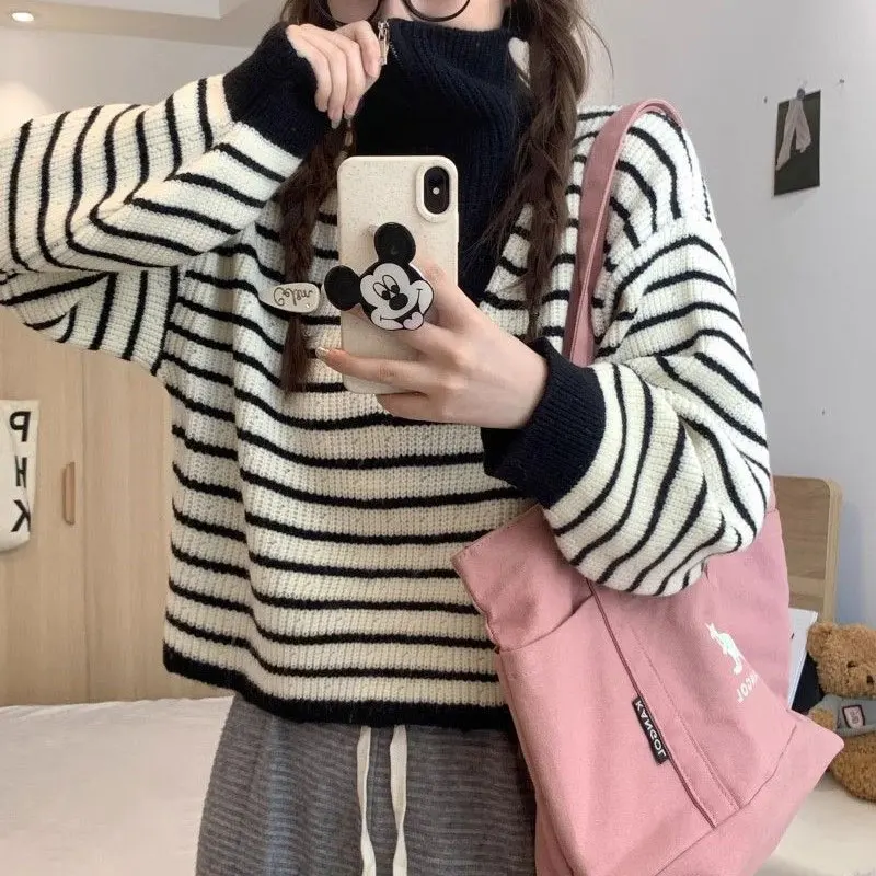 

Polo-Neck Fashion Zipper Sweaters Autumn Winter Contrasting Colors Female Clothing Korean Striped Loose Casual Knitted Jumpers