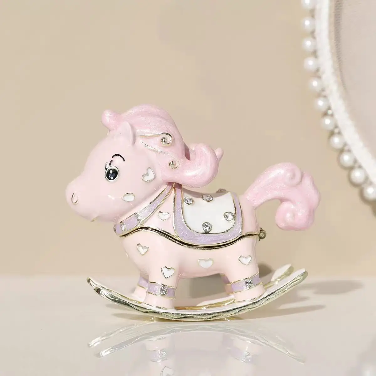 Enamel Crystal Horse Figurine Jewelry Box Hinged Rocking Horse Statues Animal Trinket Decor Ornament