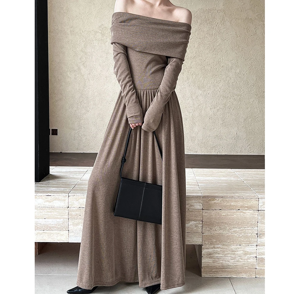 2024 Nowa jesienna długa sukienka damska Sexy Off The Shoulder Design High Stretch Long Sleeve Slim Women Maxi Dress