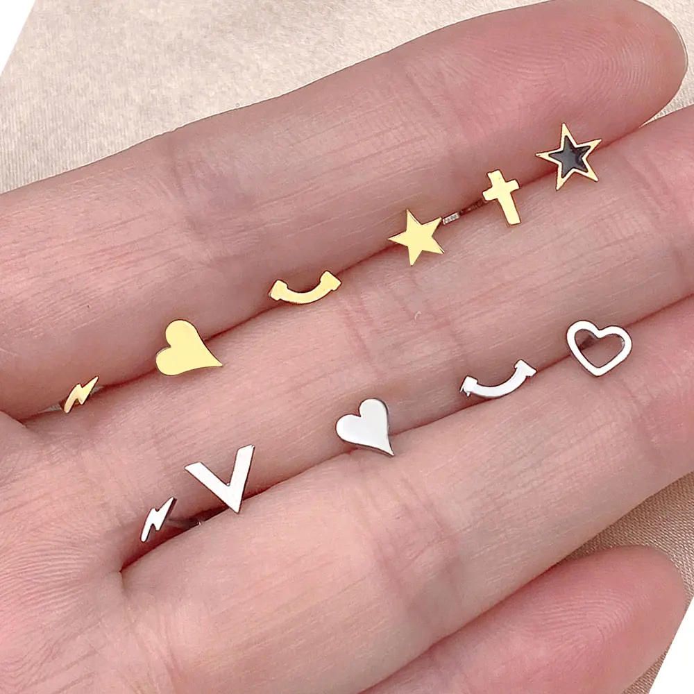 1Pcs Cross Heart Butterfly  Piercing Stud Earrings for Women Men Stainless Steel Moon Star Small Earring Teens Punk Jewelry Gift