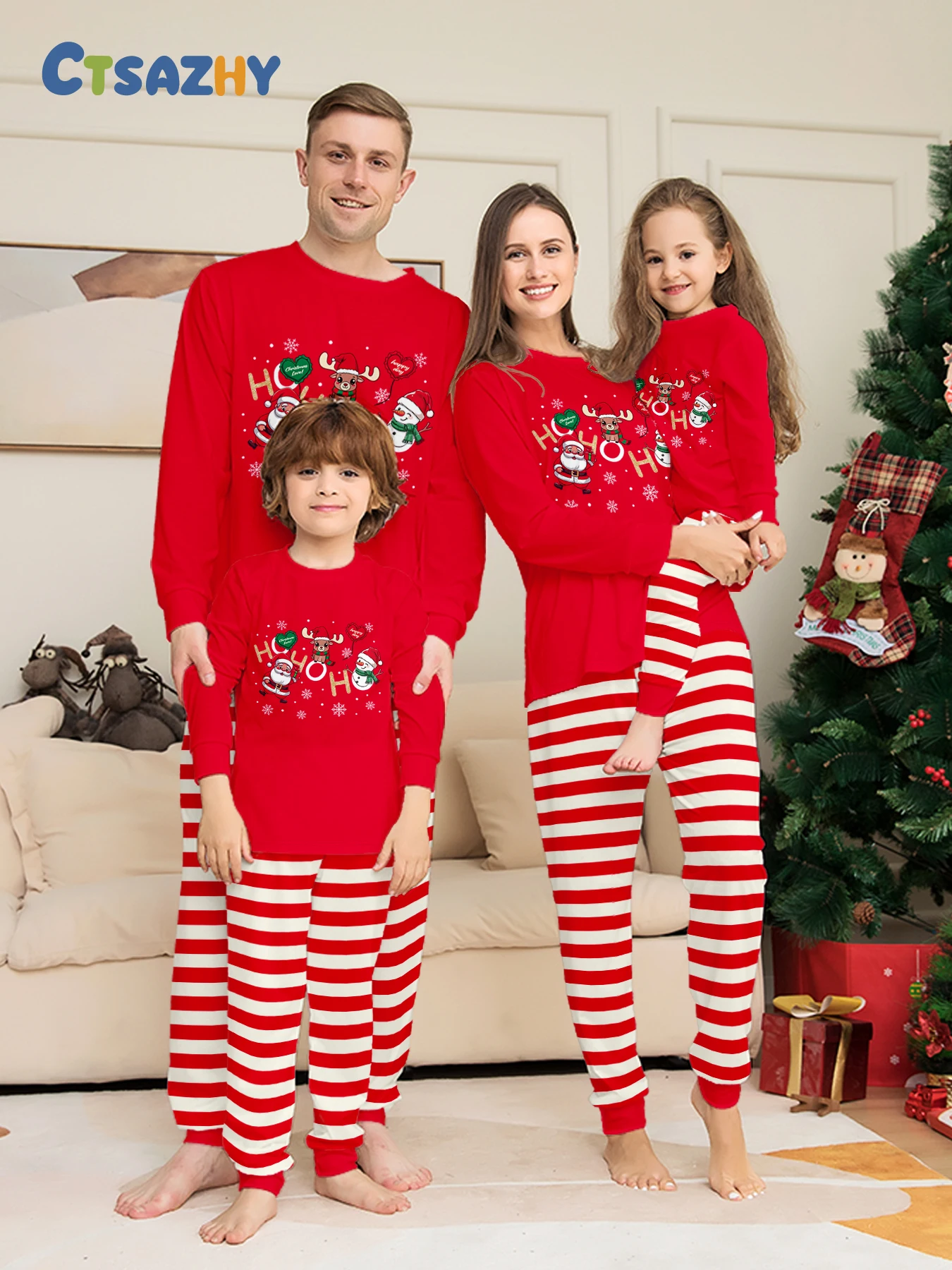 Family Christmas Pajamas Matching Parent-child Sleepwear Red Long Sleeve Santa Snowman Reindeer Print Xmas Gift Men Women Kids