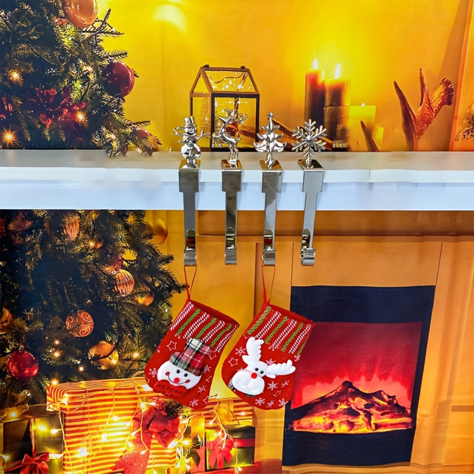 

4pcs Christmas Pendant Snowflake Elk Snowman Tree Shaped Metal Hook For Fireplace Door Cabinet Xmas Party Navidad New Year Decor