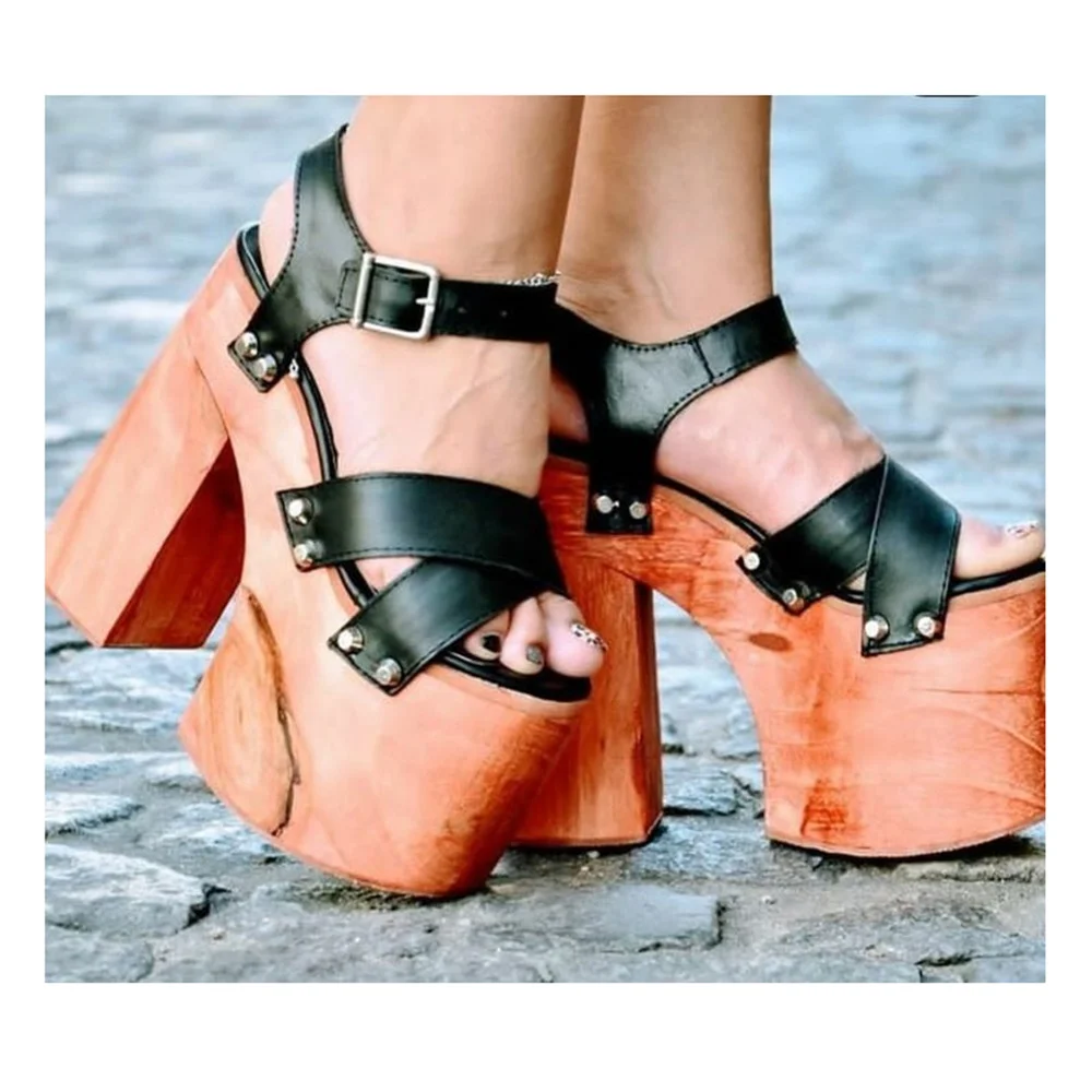 

Elegant Thick Soled Cross Tied Sandals Rivets Chunky High Heel Leather Concise Party Sexy Women Shoes 2025 Spring Para Mujere