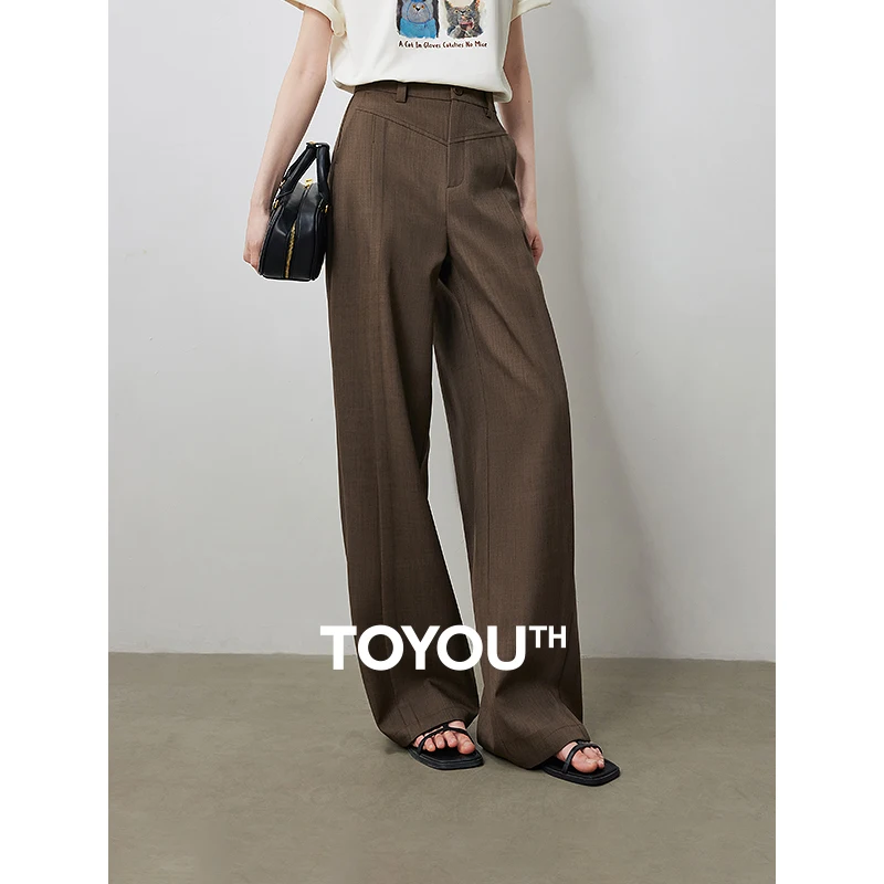 

TOYOUTH Women Casual Pants 2024 Summer New High Waisted Pleated Wide Leg Casual Working WearStraight Long Suit Pants