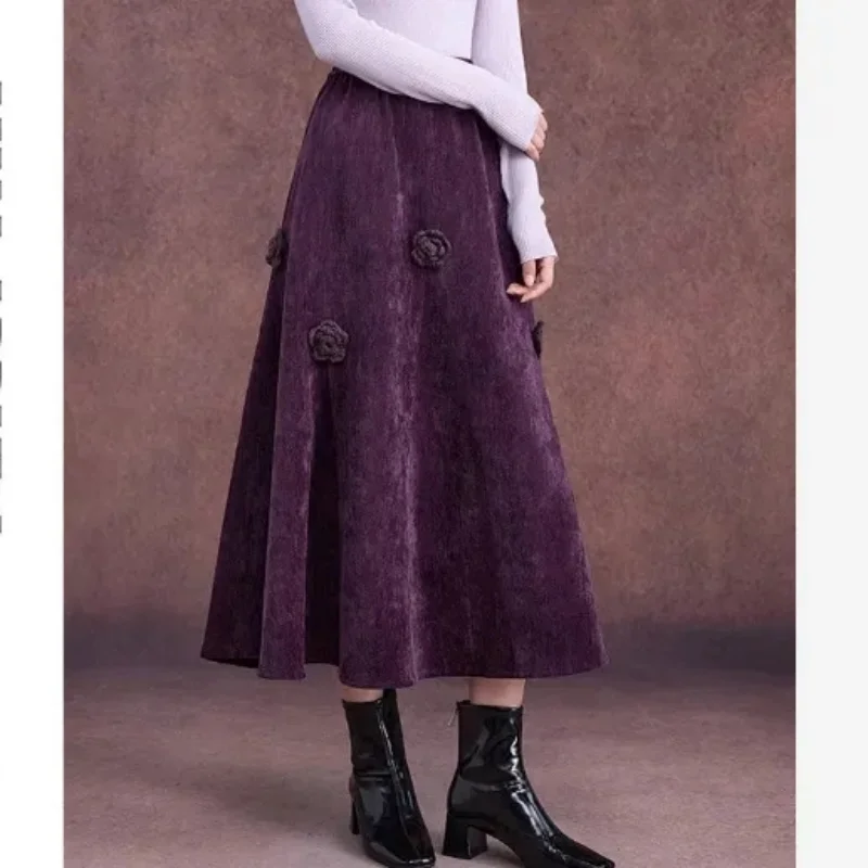 High Waist Skirt for Women Heavy Industry Three Dimensional Flower , Autumn Winter 2025 New Style, Slim Midi A-line Skirt W1596