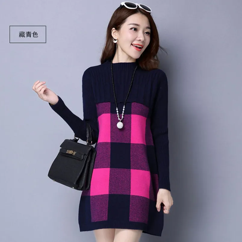 Autumn Winter New Korean Loose Half height collar sweater Ladies pullover midi dress knitting bottoming shirt Polka dot dresses