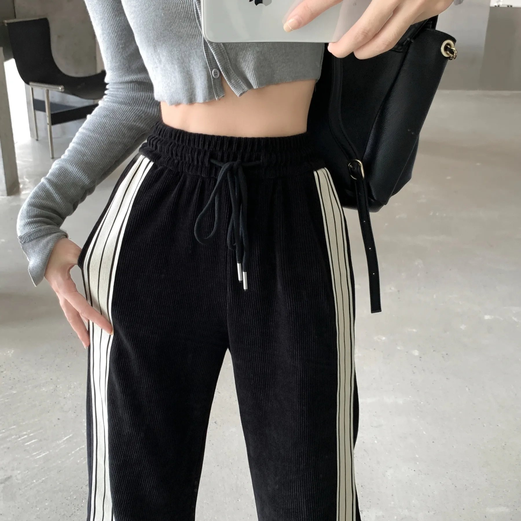 Black Casual Striped Sports Pants For Women's Autumn 2022 New High Waist Slim Loose Straight Wide Leg Pants