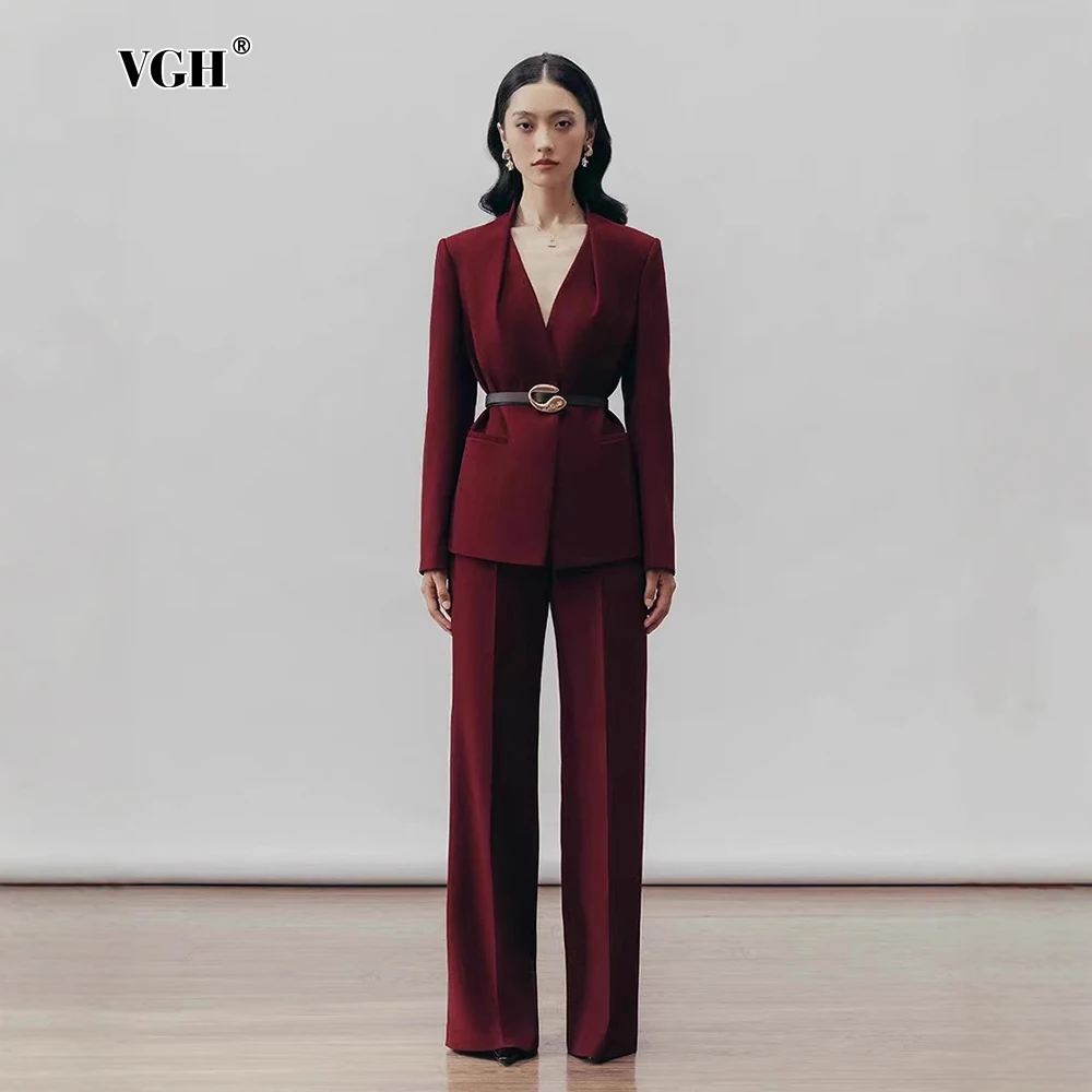 VGH Formal Pants Suit For Women Deep V Neck Long Sleeve Spliced Belt Coats High Waist Solid Wide Leg Pant Temperament Set Female