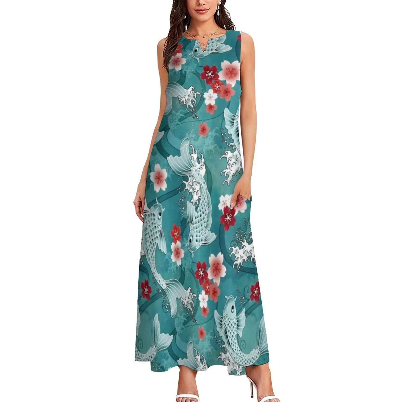 Koi sakura blossom in turquoise Long Dress dress for women 2024 elegant dress womens clothing evening dresses women