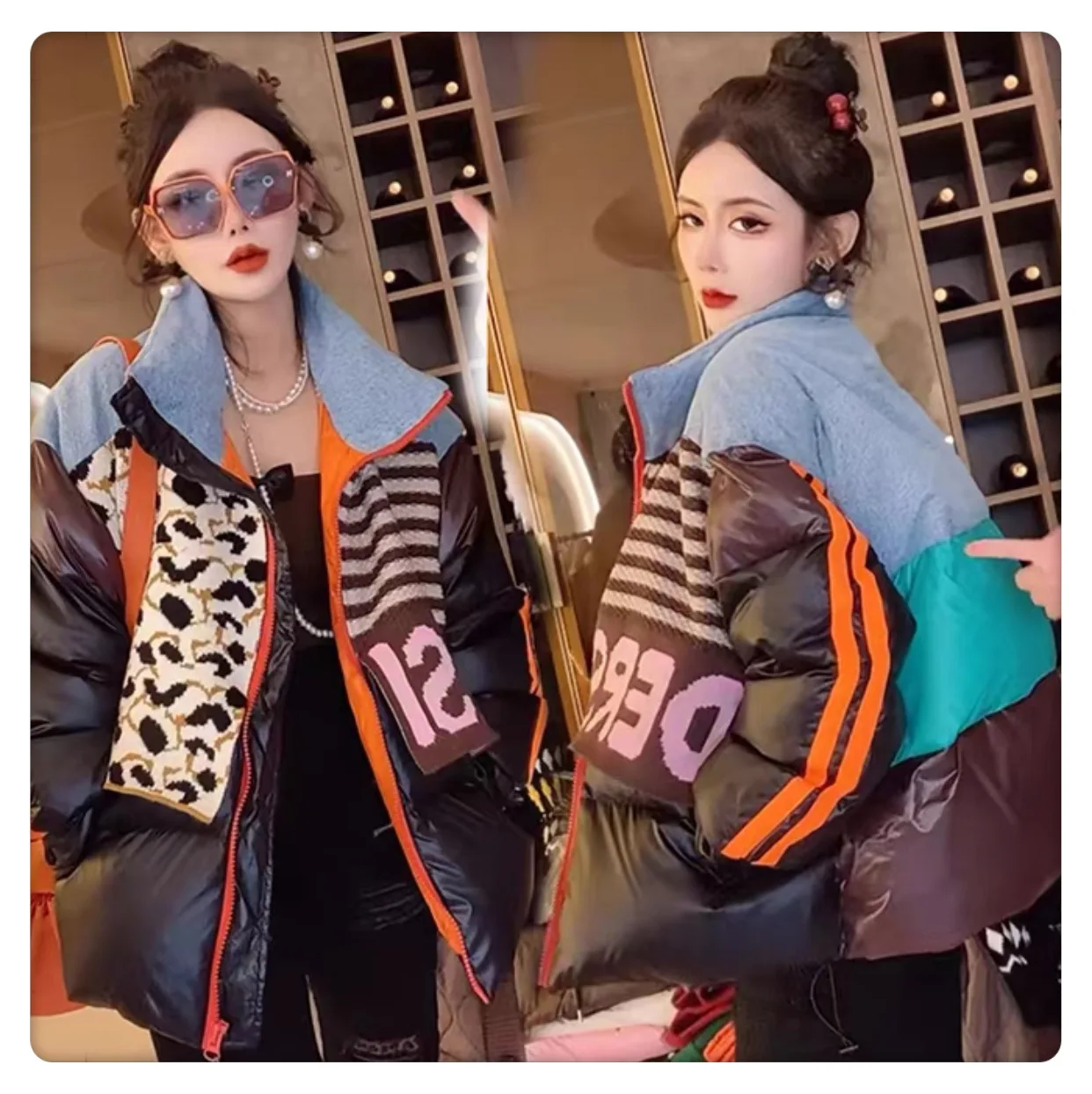 Down Jacket for Women 2025 Winter Denim Patchwork Knitted Striped Color-Block White Duck Down Thickened Puffer Jacket Coat