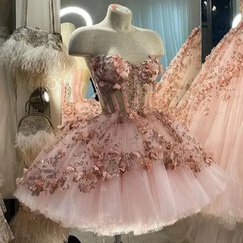 Fluffy Baby Pink Tulle Strapless Quinceanera Dresses Ball Gown 2023 Evening Dress Prom Dresses 3D Floral Pattern Customized