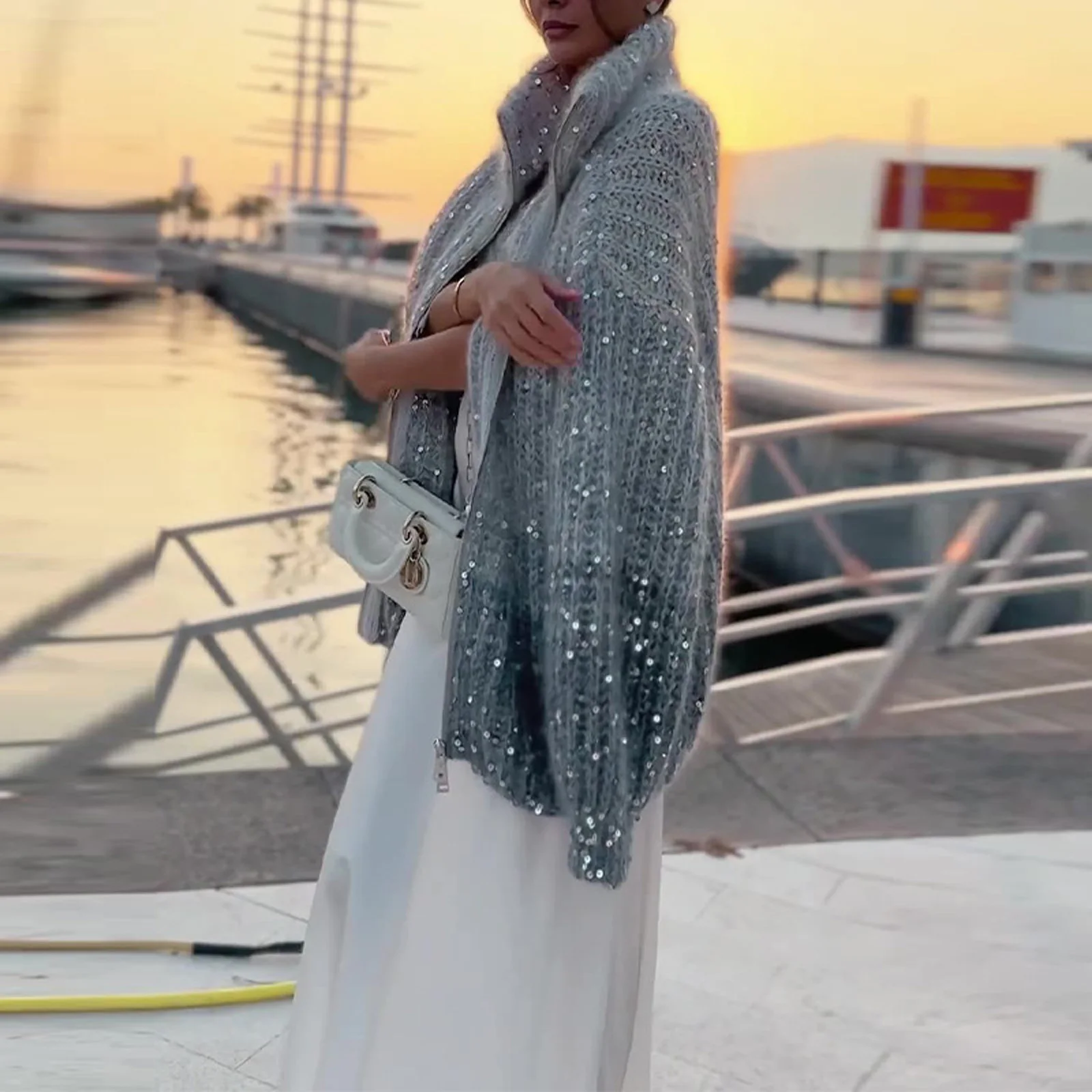 

Sequin Knitted Cardigan For Women 2026 Fall Winter Sparkly Fluffy Oversized Lapel V Neck Party Night Out Fashion Outerwear